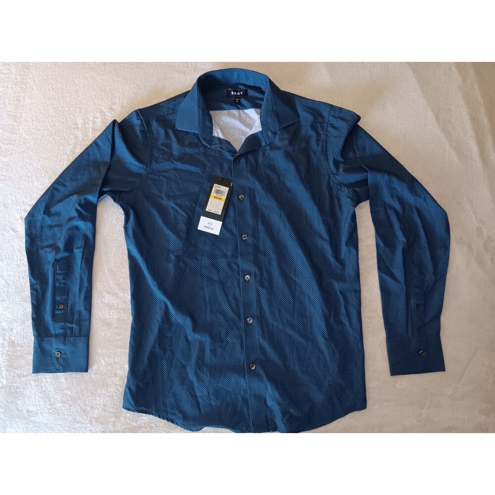 Mens New DKNY Stretch Casual Dress Shirt Blue Dark Denim Mens Medium NWT
